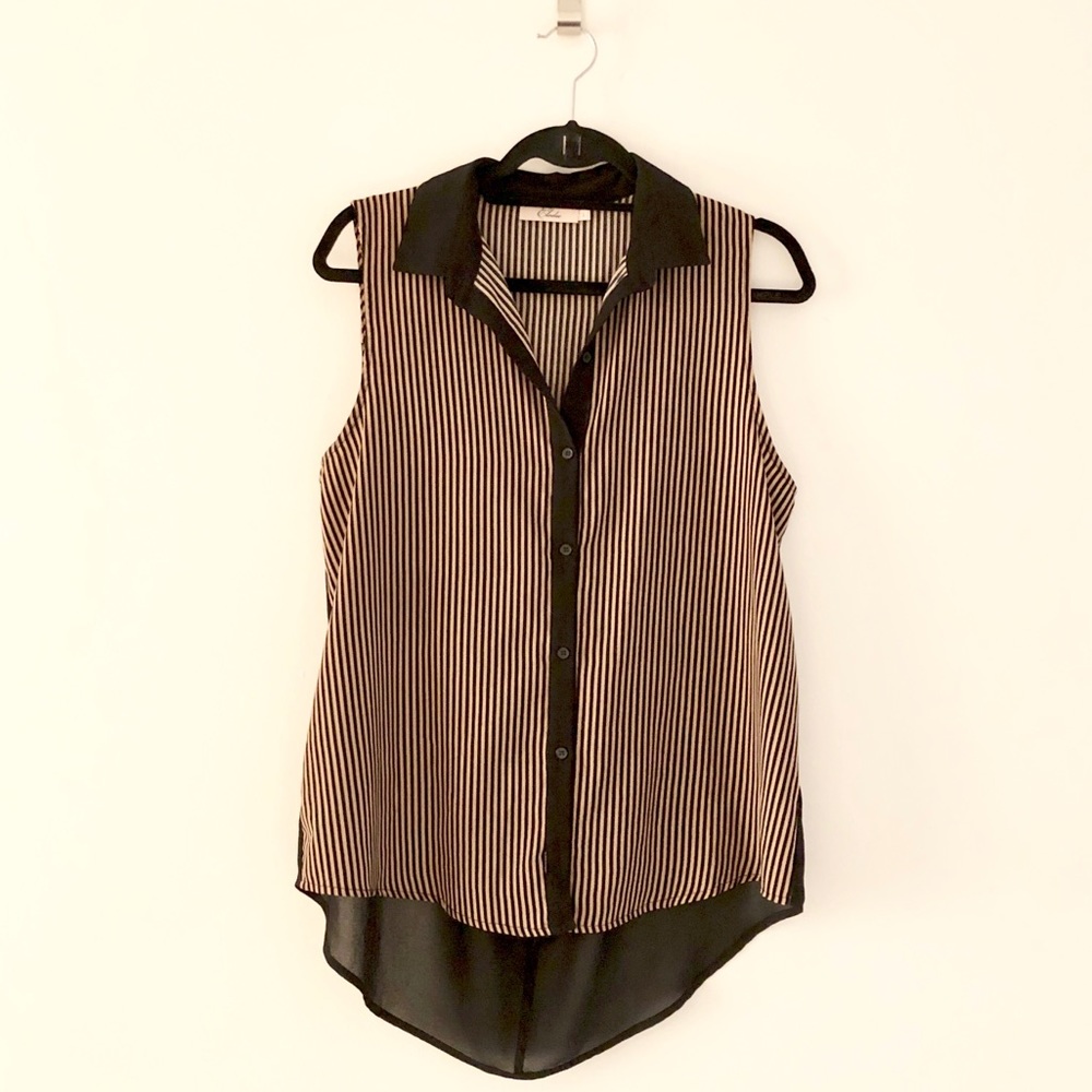 Black & Tan Button Down Sleeveless Blouse